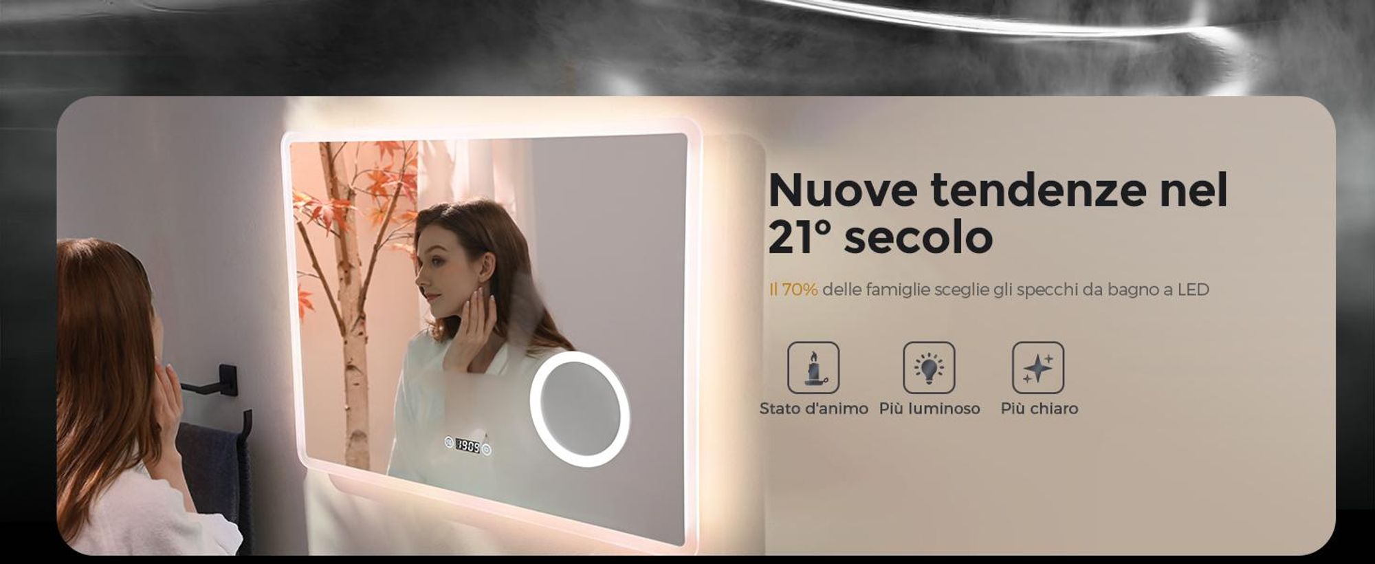 EMKE Specchio da bagno con ingrandimento 3X Interruttore a sfioramento 3 colori di luce Dimmerabile Orologio antiappannamento 80X60cm