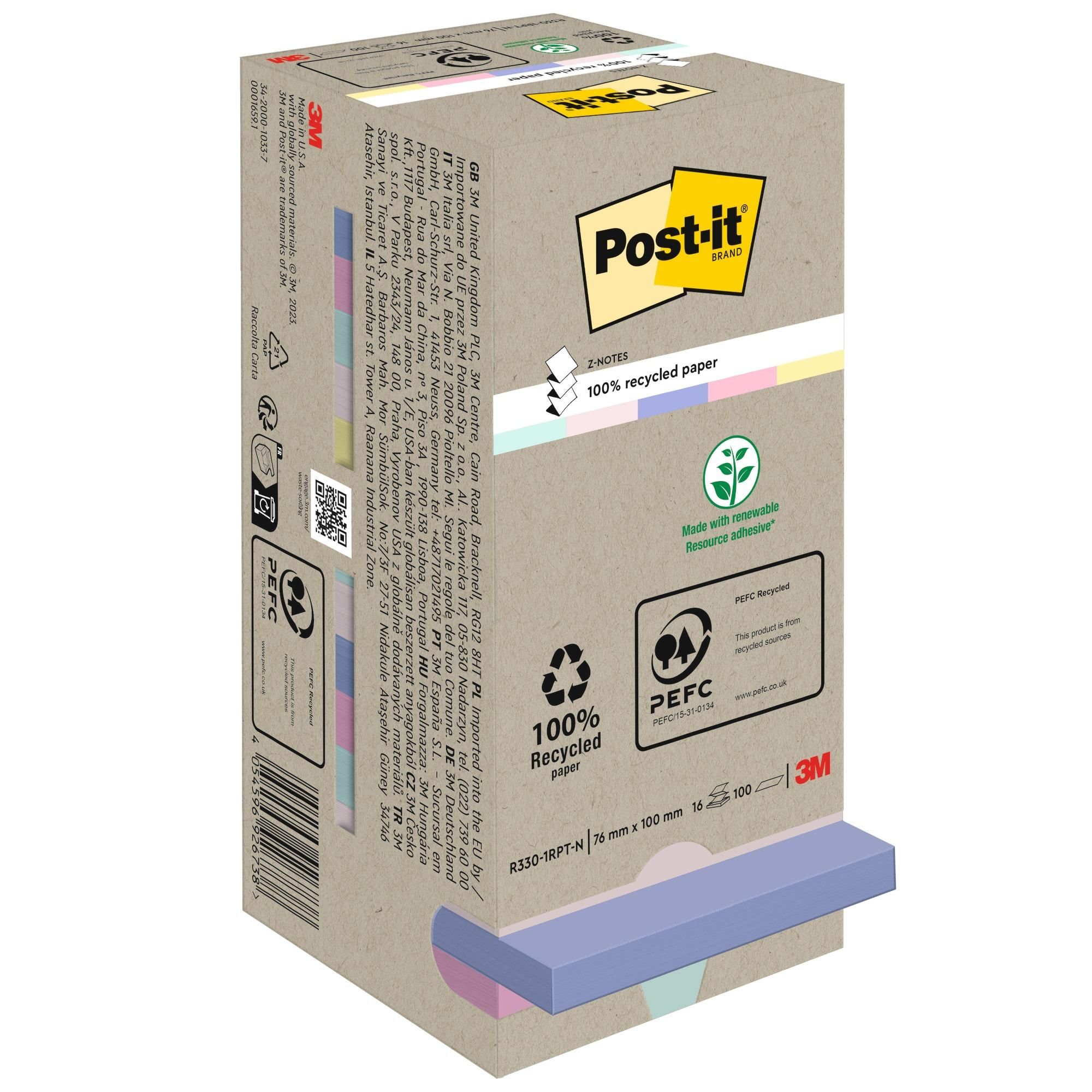 Post-it® Recycling Z-Notes Bunte 76x76mm Haftzettel 16 Blöcke 100 Blatt