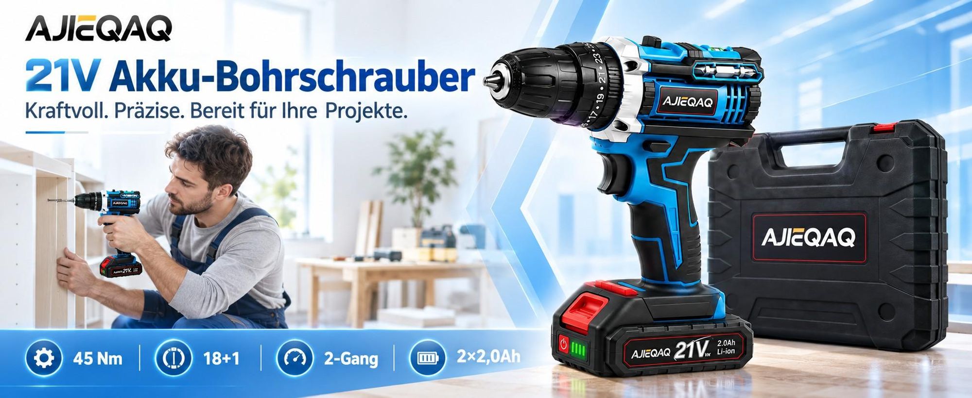 AJIEQAQ Akkuschrauber 21V MAX, 45Nm, 18+1, 2-Gang, 2×2,0Ah Akku, LED, Wasserwaage & Werkzeugkoffer