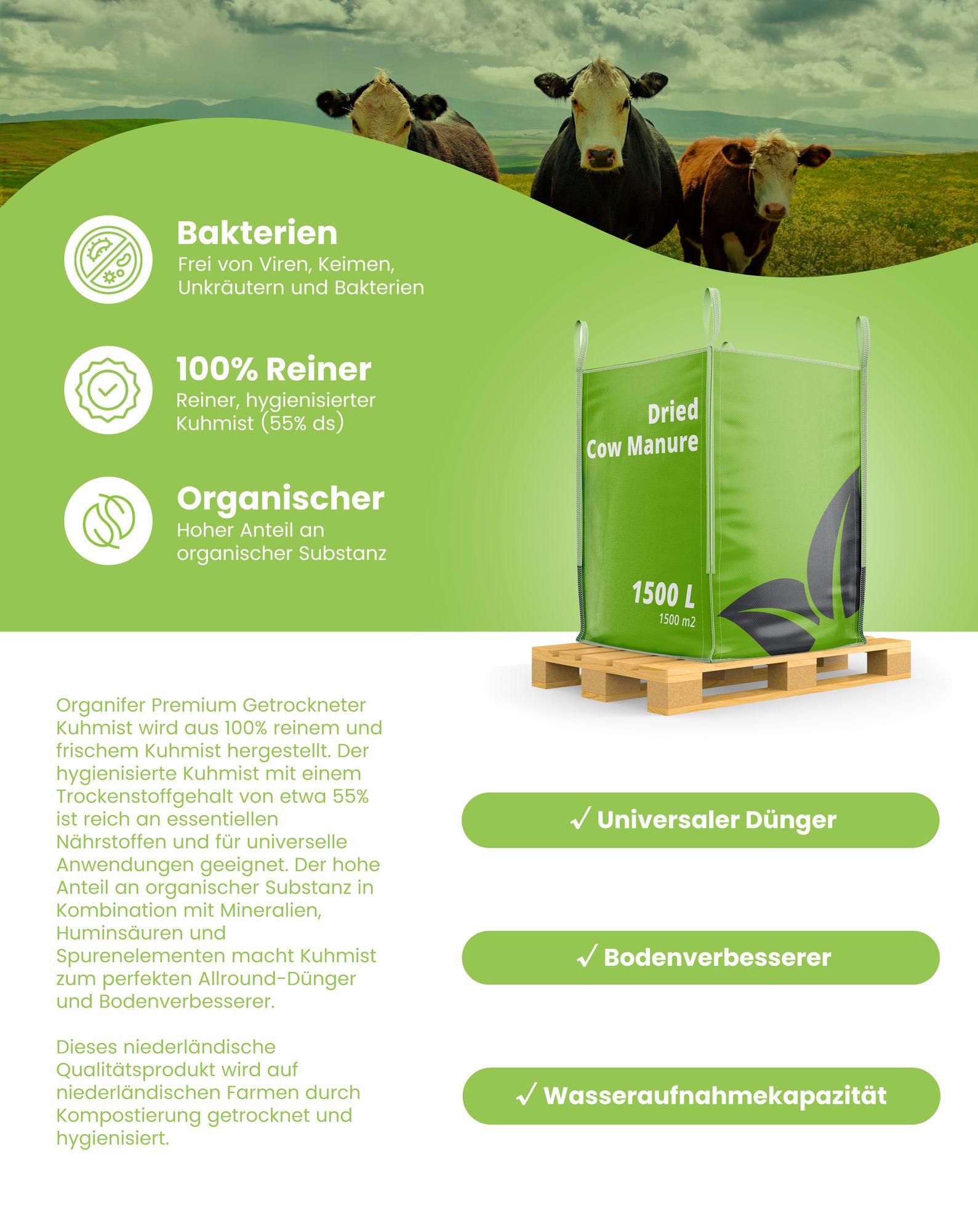 Getrockneter Kuhmist (Big Bag 1500 Liter – für 1500m2)- Organifer