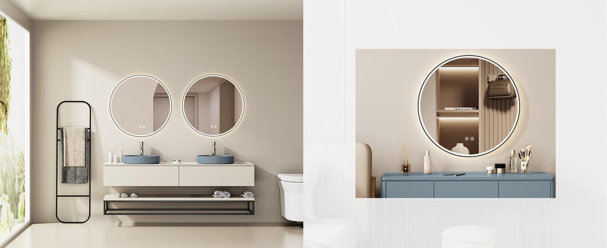 Specchio da bagno HOKO antiappannamento rotondo 60 cm con cornice + cambio luce bianco caldo-bianco freddo-neutro 2700-6500 K. La luce può essere accesa con interruttore a sfioramento/parete. Salerno