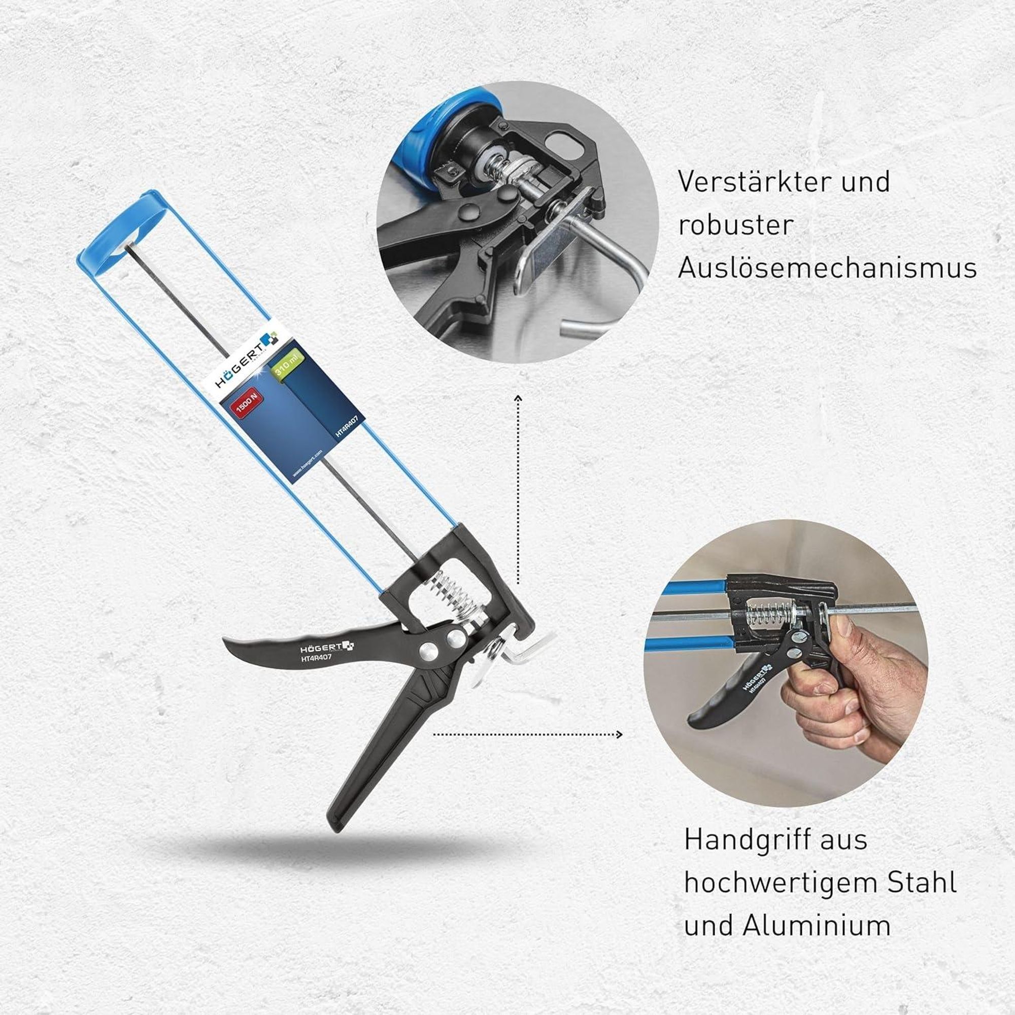 Högert Technik 310 ml Profi Kartuschenpistole / Auspresspistole – Stahl/Aluminium, 1500 N Druck, für Silikon & Kleber