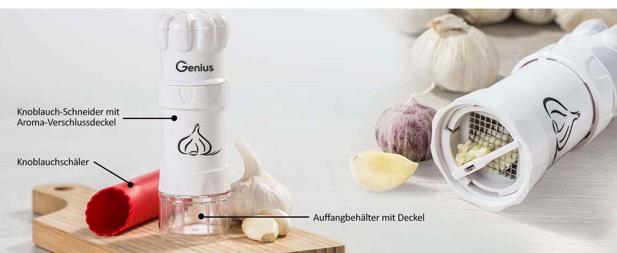 Genius Knoblauch-Schneider G5, Handknoblauchpresse, Weiß, 800 g, 64 mm, 180 mm, 100 mm