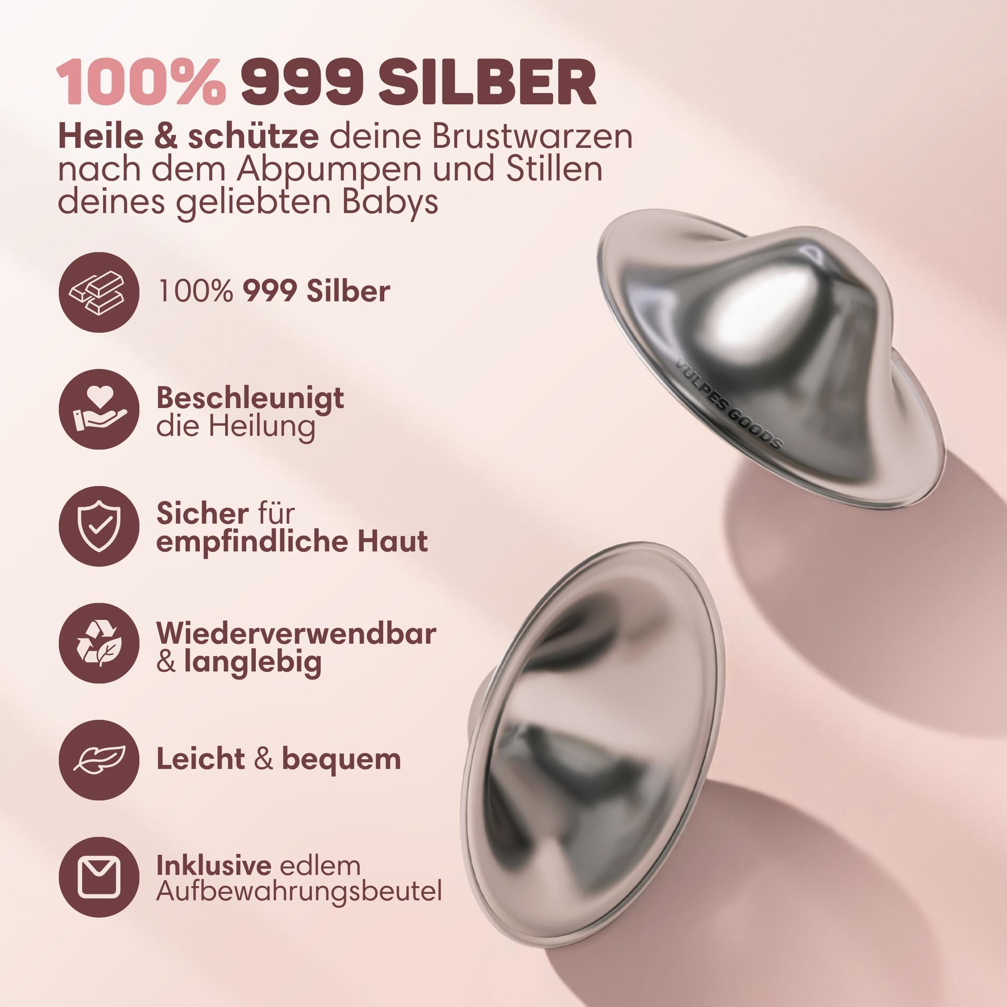 Vulpes Goods Silberne Brustwarzenabdeckungen, Stillbecher, 999 reines Silber hypoallergen und wiederverwendbar Brustwarzenschilde zum Stillen, Größe M
