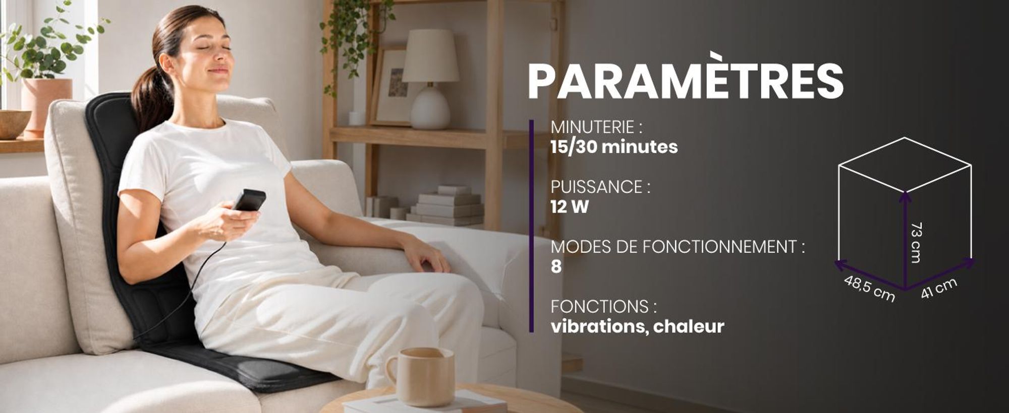 Coussin de massage avec télécommande, tapis de massage, massage du corps entier, 8 modes de massage par vibration, couleur noire