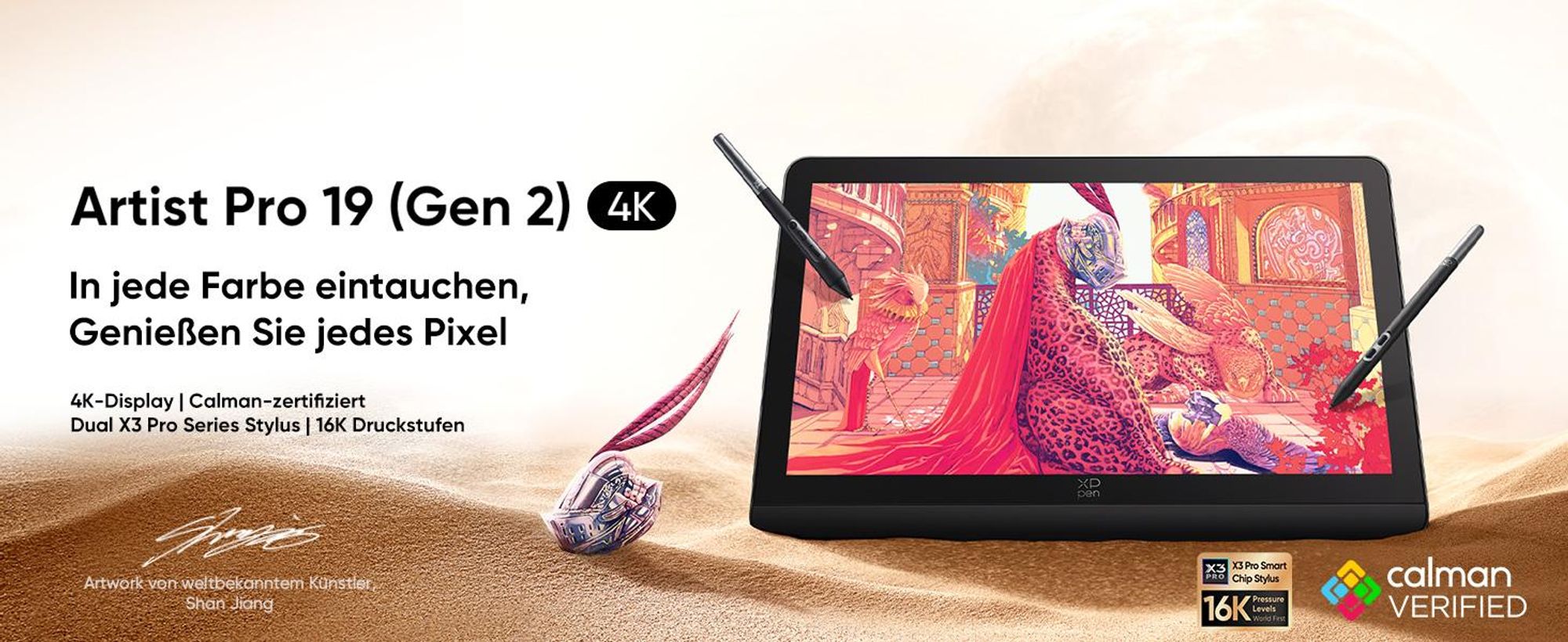 XPPen Artist Pro 19 (Gen 2), Verkabelt & Kabellos, 5080 lpi, 409 x 230 mm, USB/Bluetooth, 1 cm, Stift, Berührung