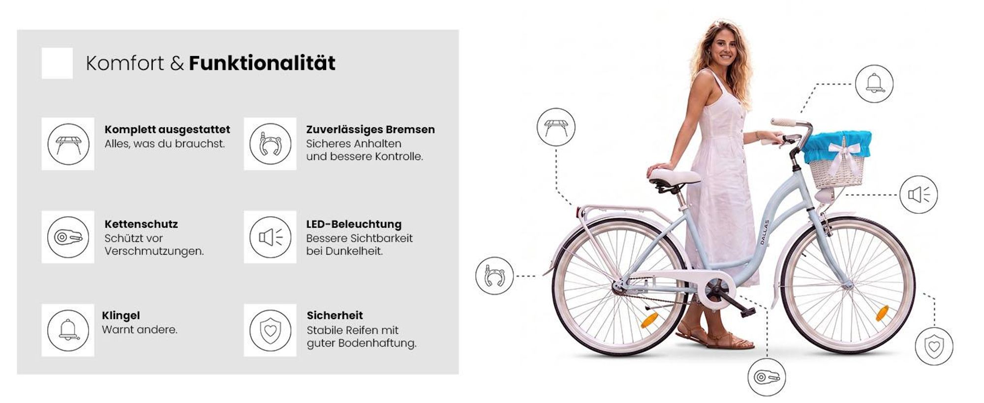 Dallas Bike Damenfahrrad 28 Zoll - Mit Weidenkorb - 1-Gang Rücktritt - Rahmen M 18" - Blau-Weiß