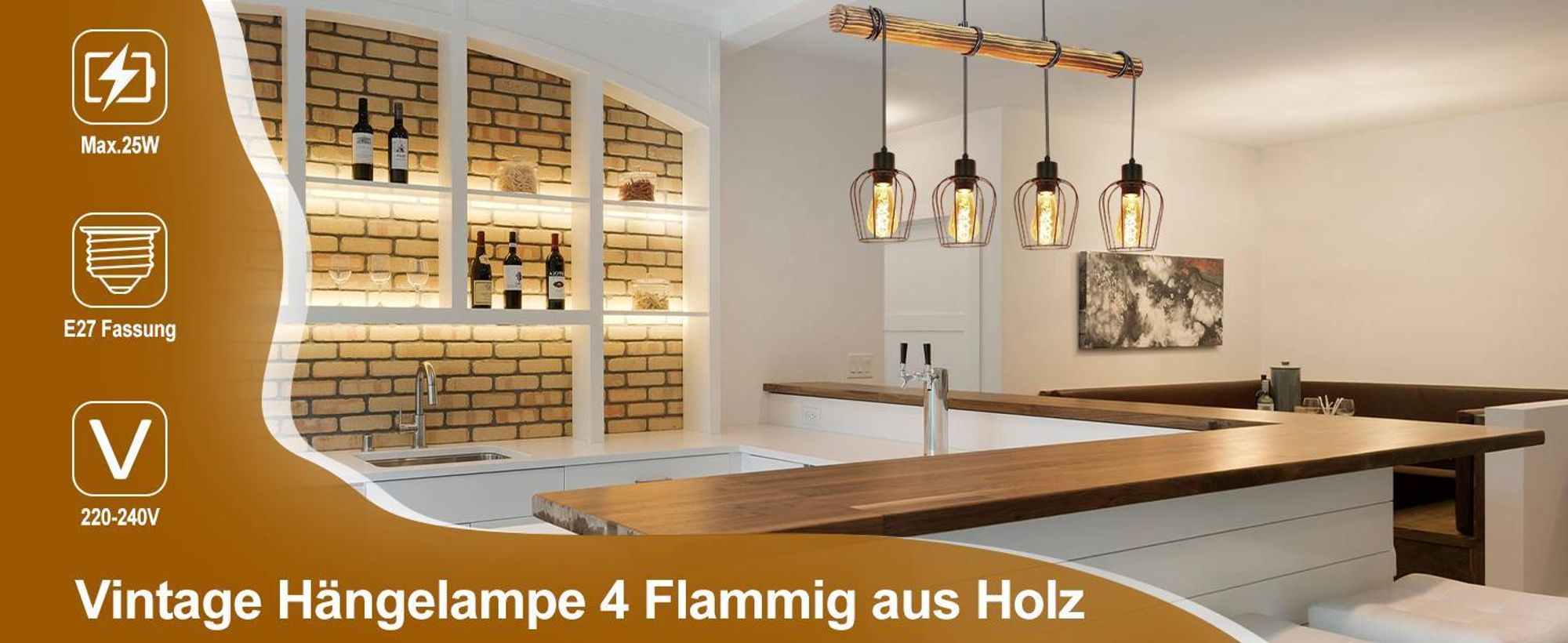 ZMH Pendelleuchte Holz Esstisch Hängelampe 4 Flammig Schwarz Vintage Esstischlampe hängend Esszimmerlampe Pendellampe E27 Hängeleuchte für Wohnzimmer