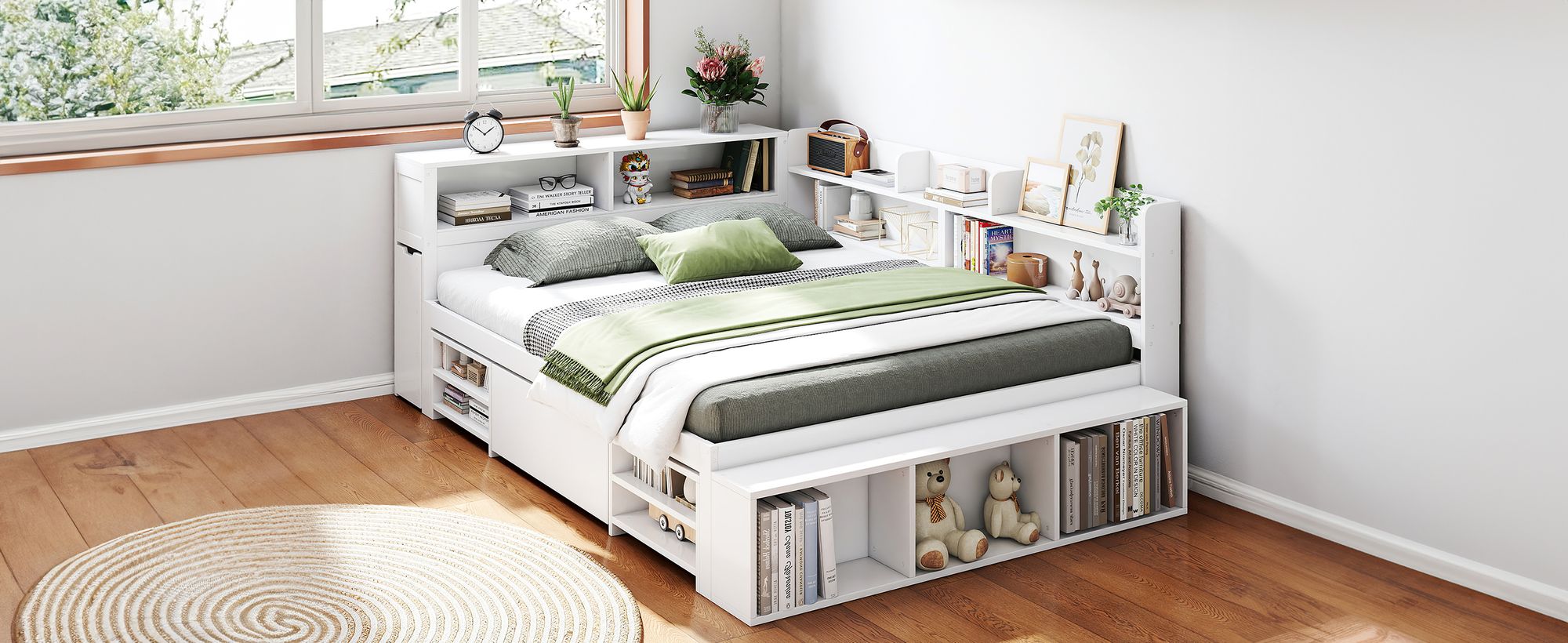 MODFU Schlafsofas Jugendbett 90x200cm, Holzbett  mit Schubladen und Lattenrost, Kinderbett mit Bücherregal und Stauschrank, großer Stauraum, weiß