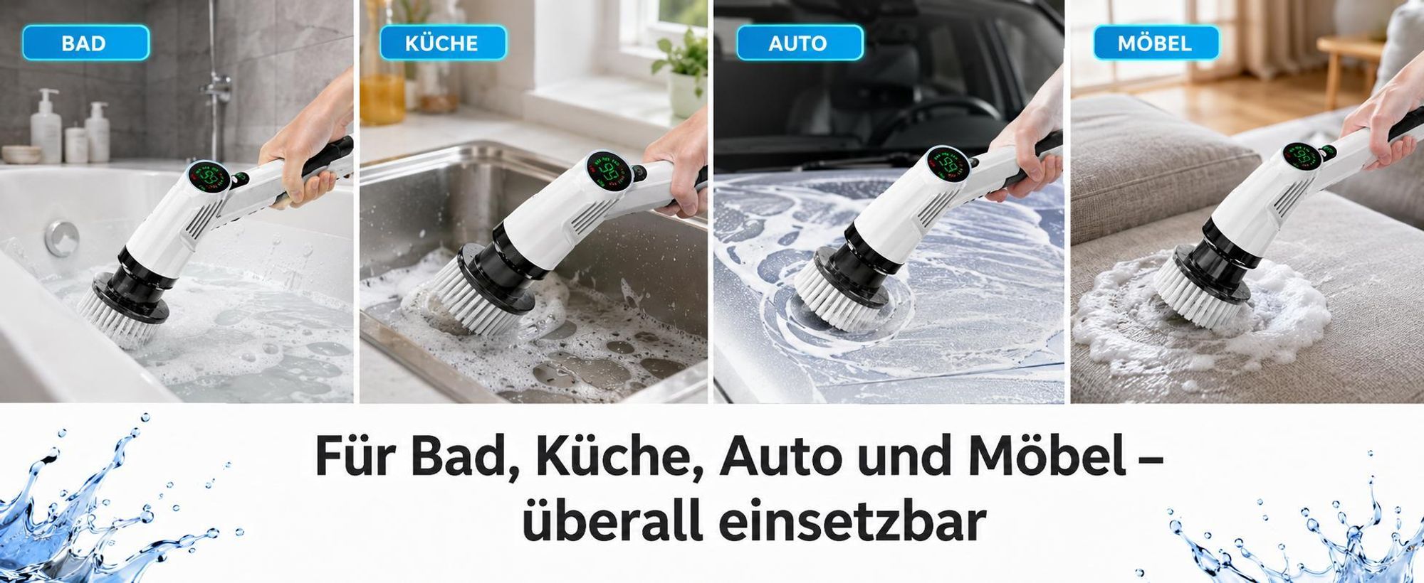 9 in 1 Elektrische Reinigungsbürste Akku 120 Min, 2 Geschwindigkeiten, 360° drehbarer Bürstenkopf, Display, USB-C, für Ecken, Bad, Fensterreinigung