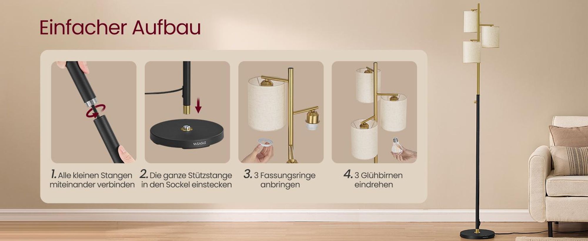 VASAGLE Stehleuchte, Standleuchte, Stehlampe mit 3 Glühbirnen, verstellbare Helligkeit, modern, Lampenschirm aus Stoff