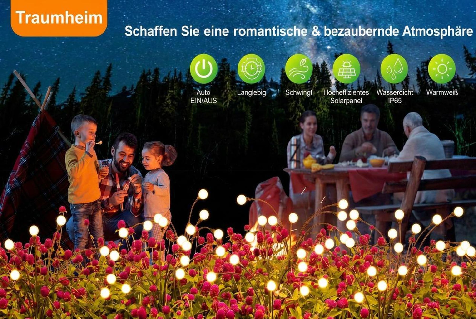 2 Stück Solar Glühwürmchen Licht Wasserdicht Außen Rasenlampe für Garten Terrasse Weg Hof Landschaft Deko, Warmweiß, 6 LEDs