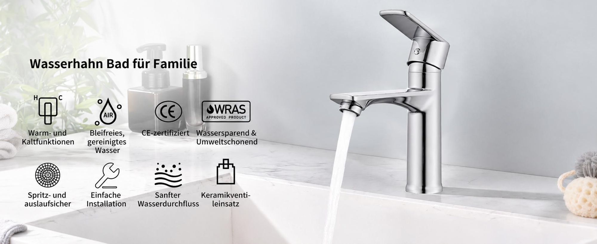 Aihom Wasserhahn Bad Chrom,Waschtischarmatur Bad,Armatur Mischbatterie,Waschbeckenarmatur Einhebelmischer Badezimmer,Waschbecken Armaturen SUS304
