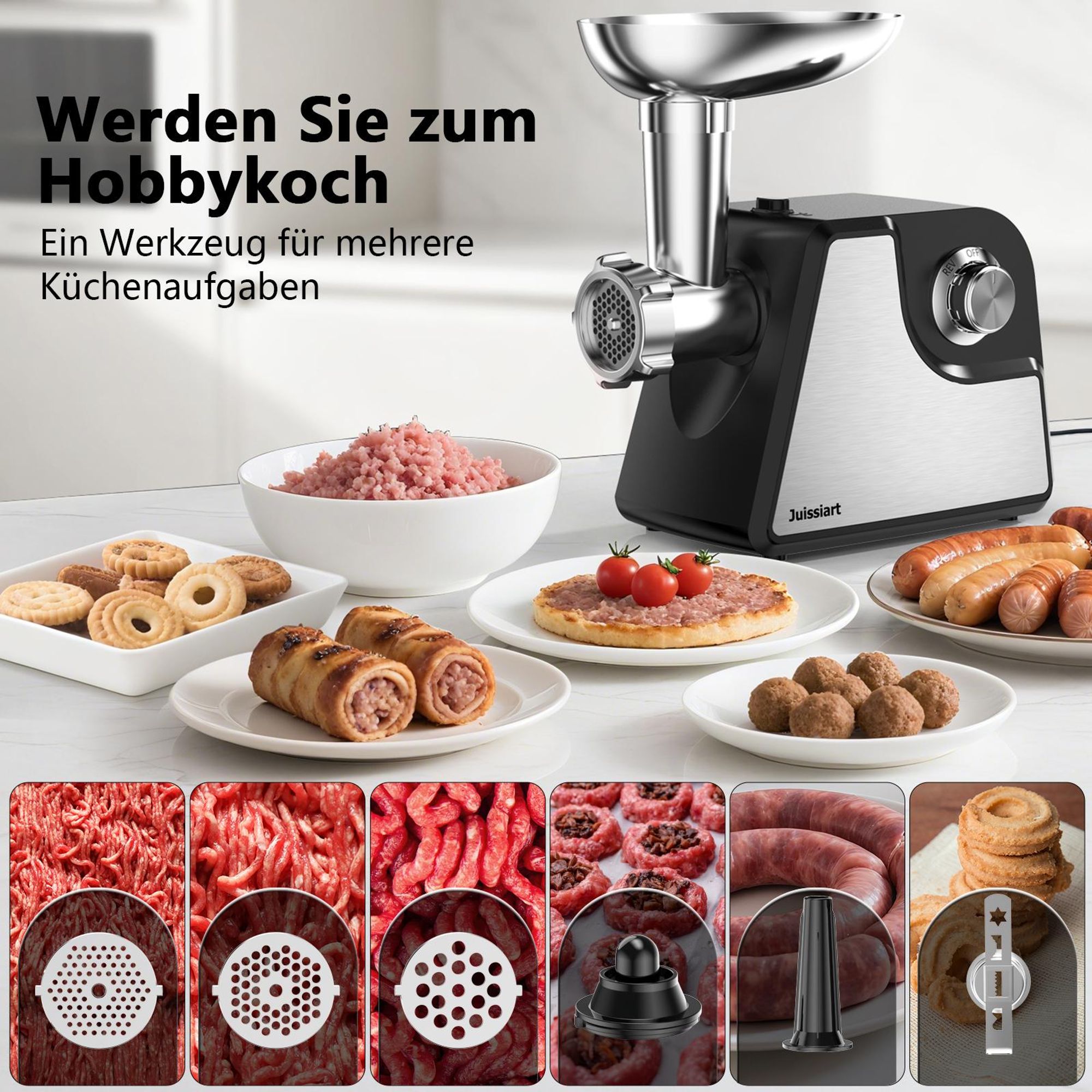 Juissiart MG4150R Elektrischer Fleischwolf - 300W Leistung 1.2KG/Min Fleischausbeute Klingenmaterial 420 pulvermetallurgischer Stahl - Schwarz