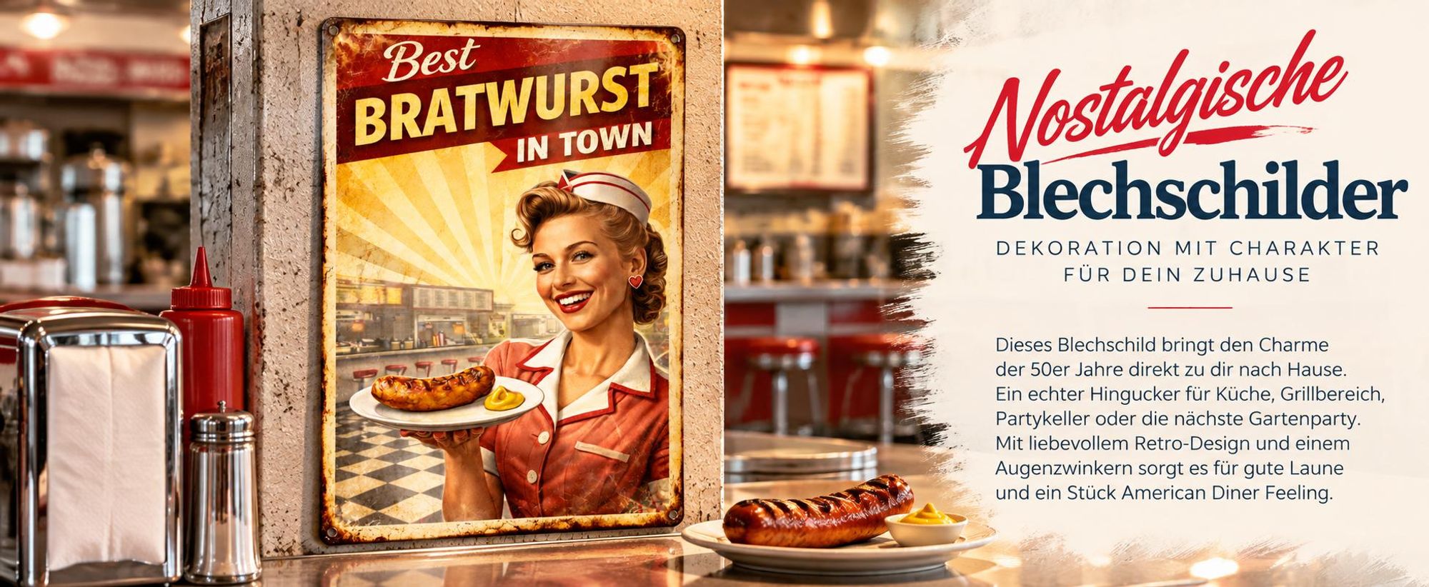 Nostalgisches AstraDesign Blechschild mit Bratwurst-Motiv im Stil der 50er-Jahre als Retro-Wanddeko.