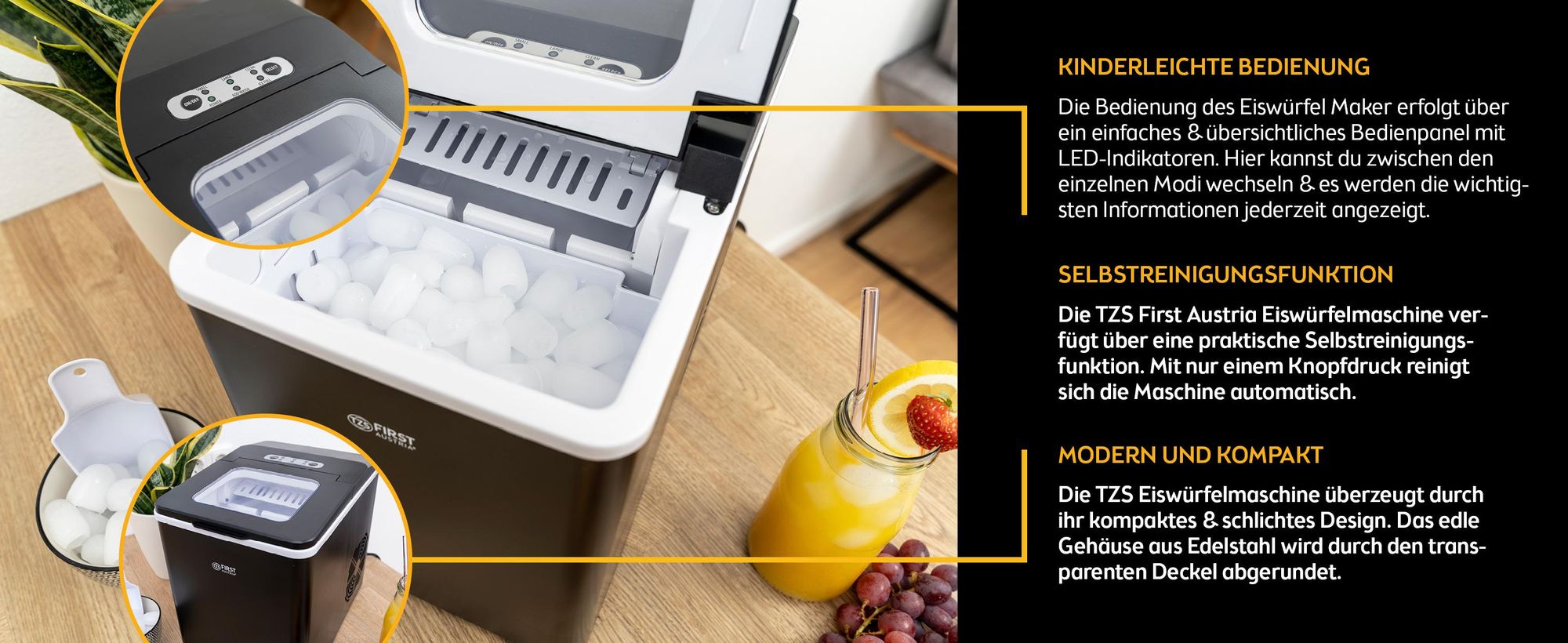 TZS First Austria - Eiswürfelmaschine 1,8L - 150W - 9 Würfel in 7-9 Min - 12 kg 24 Std - Schwarz