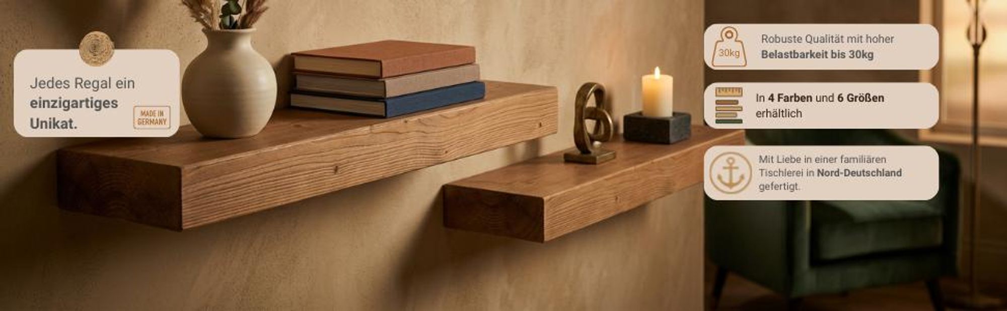 levandeo Wandregal Holz Massiv 60x10cm Eiche Farbig Wandboard Regal Vintage