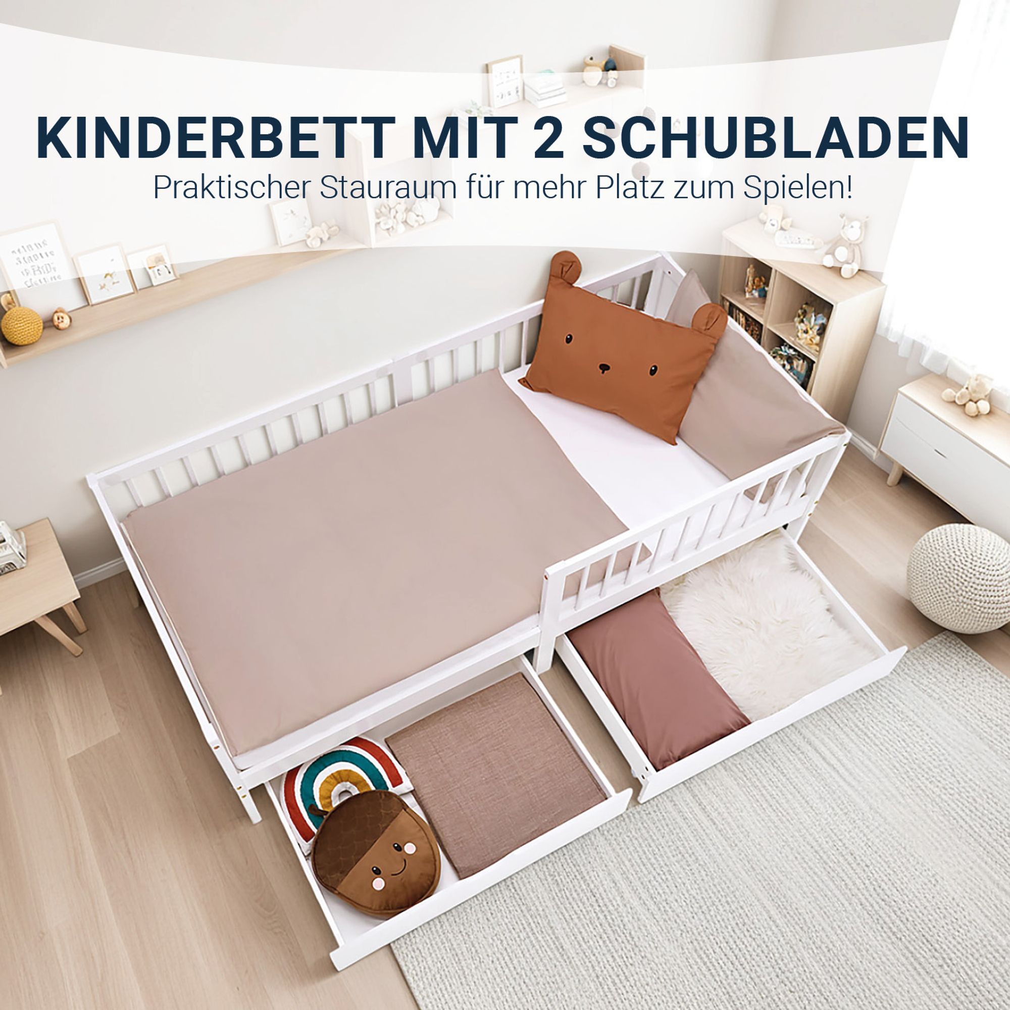 Bett von oben mit ausgezogenen Bettkästen