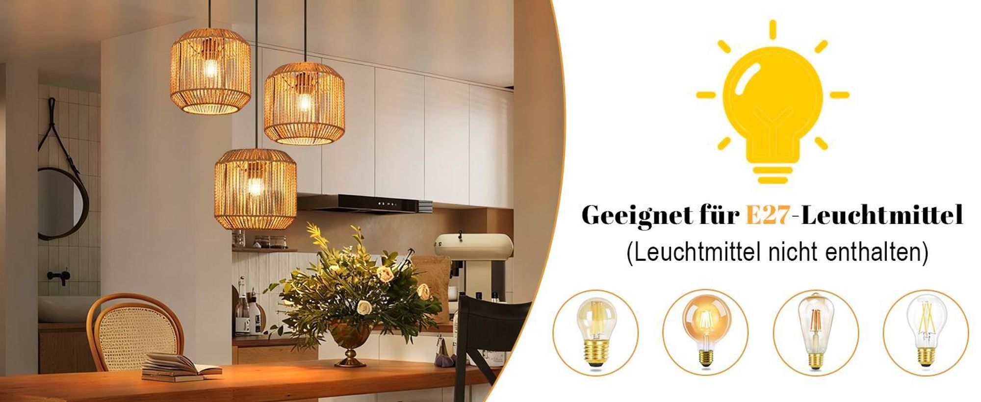 ZMH Pendelleuchte Boho Hängelampe Rattan Lampe Hängend Höhenverstellbar 3 flammig Esstischlampe mit E27 Fassung für Schlafzimmer Ohne Leuchtmittel