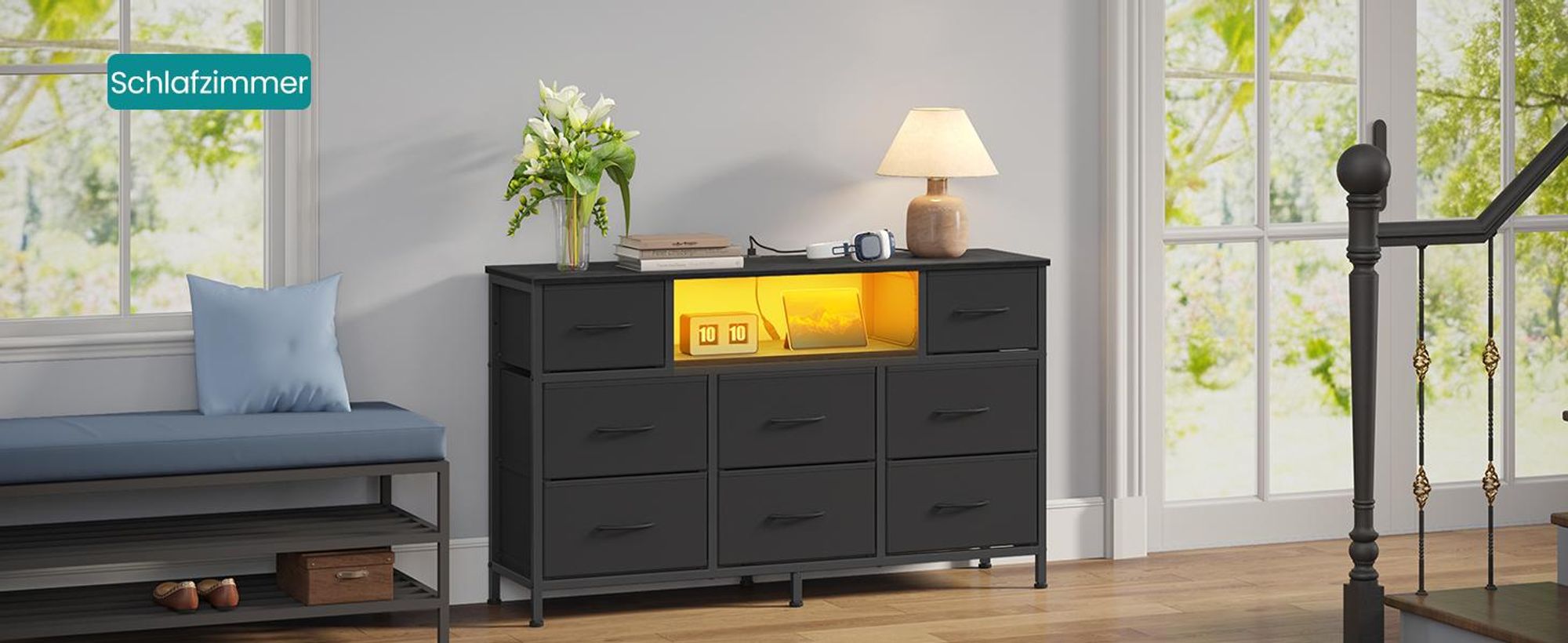 SONGMICS Kommode mit 8 Stoffschubladen, TV-Schrank mit LED und Steckdosen, 113,8 x 30 x 68,1 cm, Schwarz