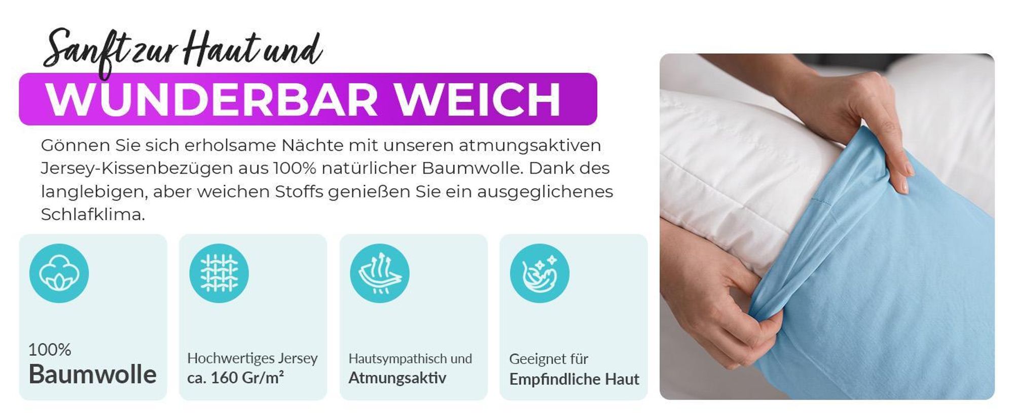 AR Line 2er Pack Jersey Kissenbezüge 40x40 Baumwolle – weich, atmungsaktiv, Kissenhüllen mit Reißverschluss, in Farbe: Hellblau