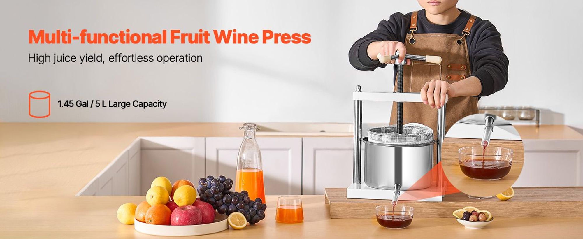 VEVOR Obstweinpresse, Obstmühle (5L), Apfelweinpresse, Apfelpresse, Traubenpresse, Olivenölpresse mit Dreieckgriff für die Küche