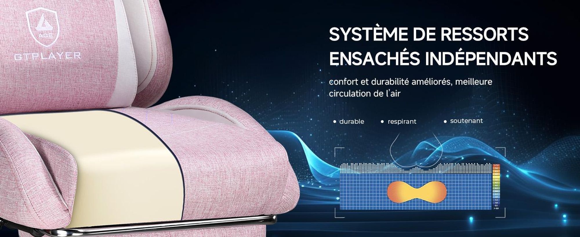 Chaise de jeu GTPLAYER, Chaise de jeu ergonomique en lin avec soutien lombaire, Chaise PC avec dossier élargi, supporte jusqu'à 150 kg, Rose
