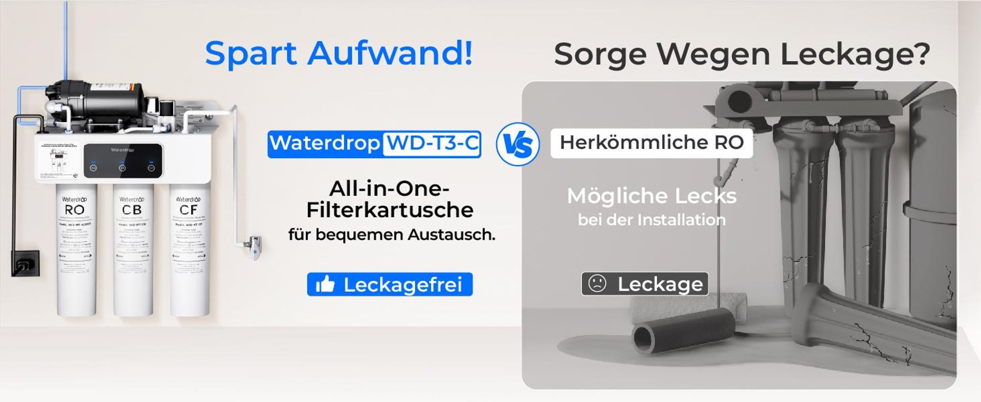 Waterdrop T3-C Umkehrosmoseanlage, NSF/ANSI 372-, 8-stufiger RO-Wasserfilter, 450 GPD Tankloses Wasserfiltersystem, 2:1 Rein zum Abfluss
