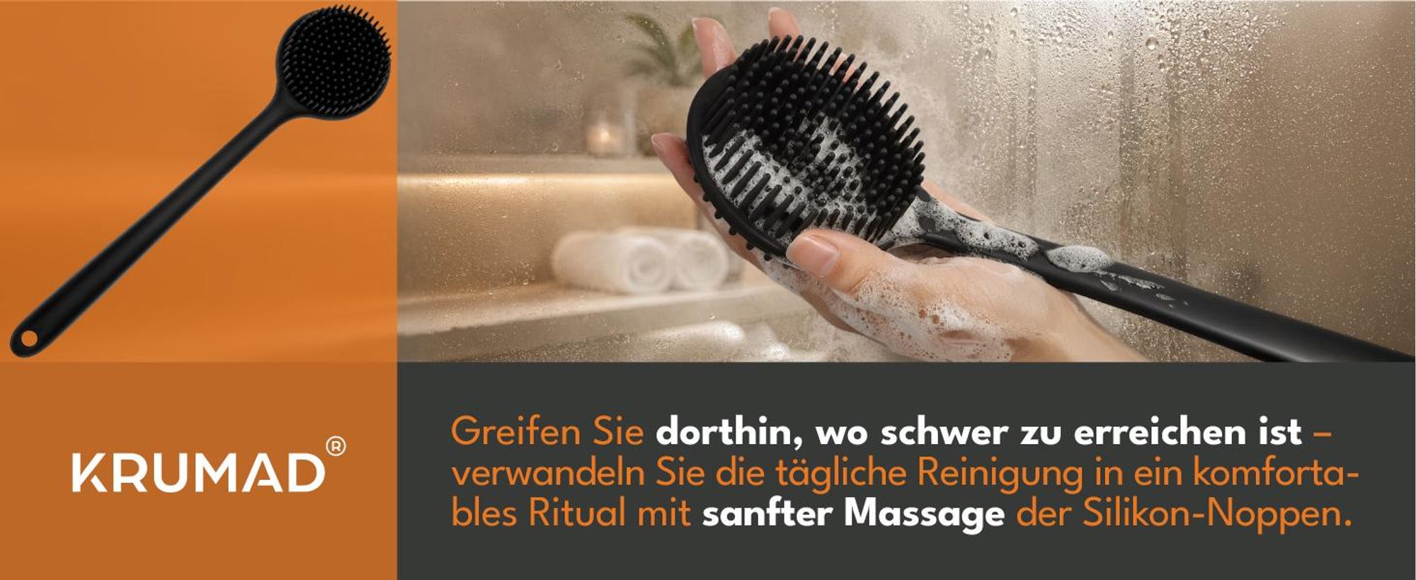 KRUMAD Silikon Rückenbürste Dusche, Körperbürste mit langem Griff 37,4 cm, Duschbürste doppelseitig, Weiches Silikon, Massage und Reinigung Bad