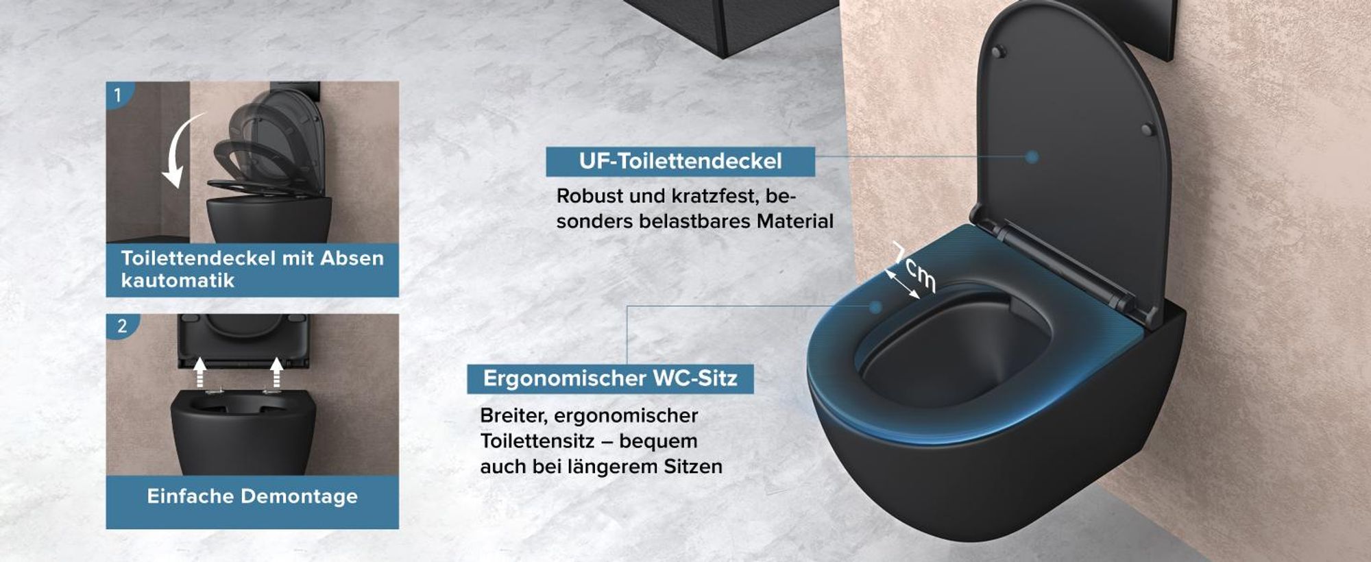 doporro Hänge-WC Spülrandlos Hänge-Toilette mit Tiefspüler inkl. Soft-Close Absenkautomatik schwarz matt aus Keramik Wandmontage Aachen179 neu