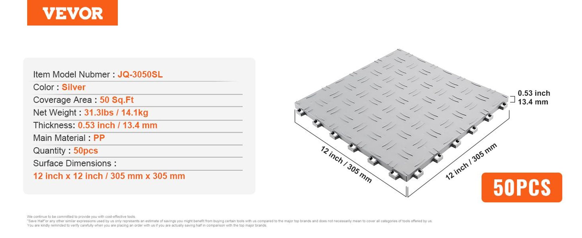 VEVOR Garagenfliesen, 12 x 12 x 0,53 Zoll, 25er Pack Garagenbodenbelagsfliesen, rutschfeste doppelseitige Textur Garagenbodenfliesen, für Garagen, Keller, Werkstätten, Rot, Silber