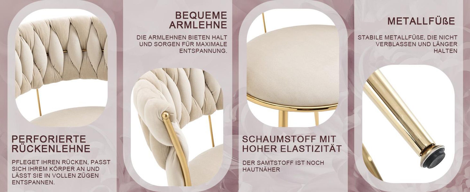 LVHOM Esszimmerstuhl Samt-Stühle 2er-Set mit Rückenlehne, Polsterstuhl Küchenstuhl mit goldenen Metallbeine, Ivory