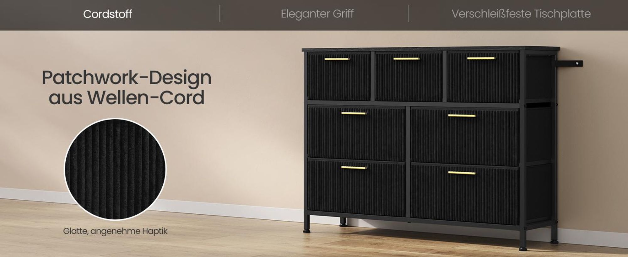 SONGMICS Kommode mit 7 Schubladen, Wohnzimmerschrank im Cord-Design, 98,7 x 30 x 74,7 cm, Tintenschwarz