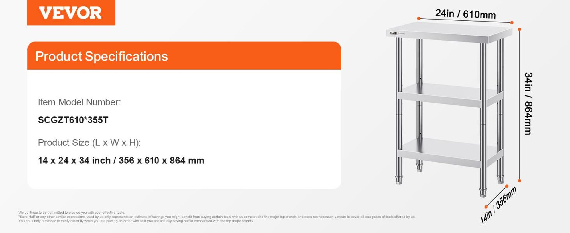 VEVOR Edelstahl Vorbereitungs Tisch, 24 x 24 x 34 Zoll, Schwerlast Metall Arbeitstisch mit 3 verstellbaren Höhenstufen, Gewerbliche Arbeitsstation für Küche Garage Restaurant Garten, 356x610x864 mm