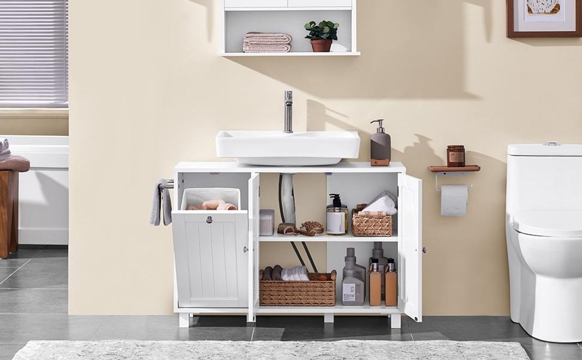 Yaheetech Waschbeckenunterschrank mit Wäschekorb, Badezimmerschrank, 3 Türen, Unterschrank für Bad, Weiß
