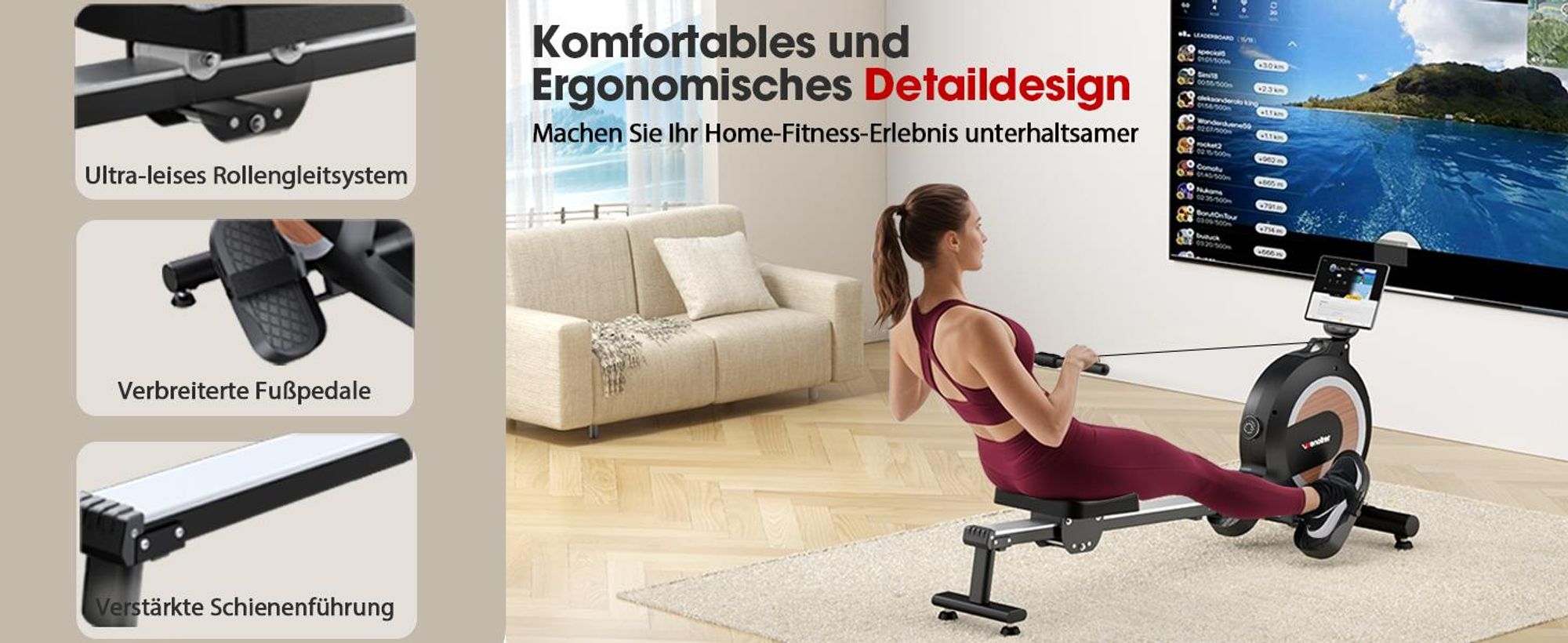 WENOKER Rudergerät mit Magnetbremse, Aluminium-Schiene, 16 Widerstandsstufen, LCD-Display, Bluetooth & Kinomap kompatibel, bis 160 kg