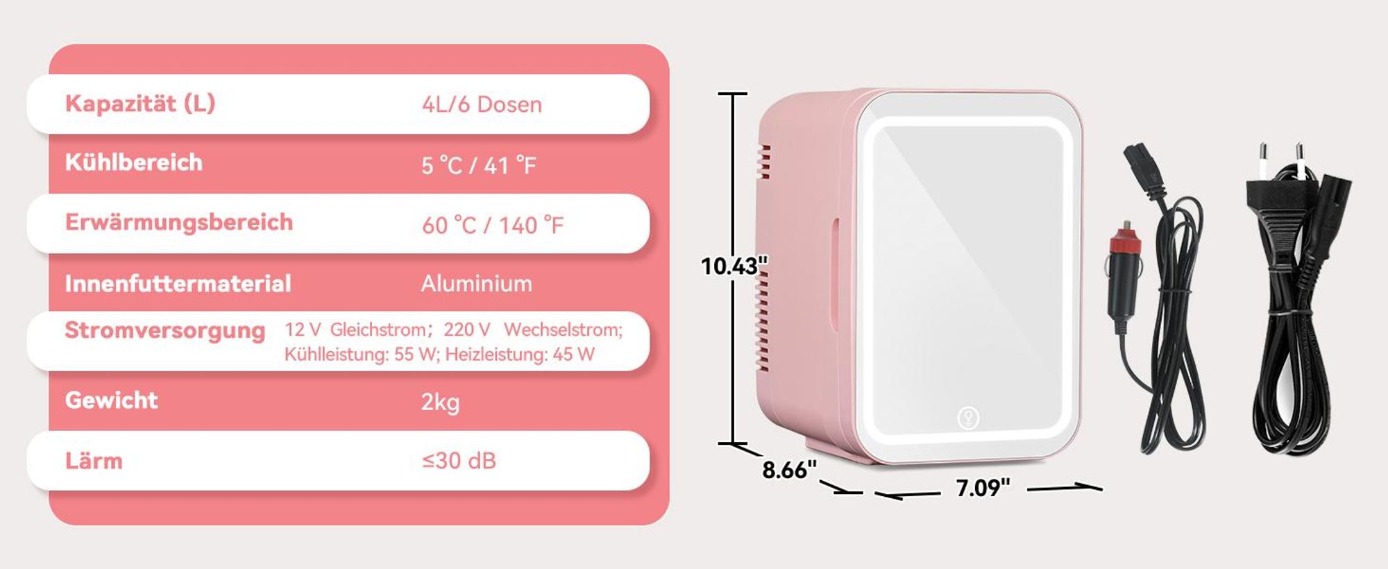 Puluomis Mini Kühlschrank 4L mit LED Spiegel tragbar für Kosmetik, Kühlbox Warmbox rosa pink