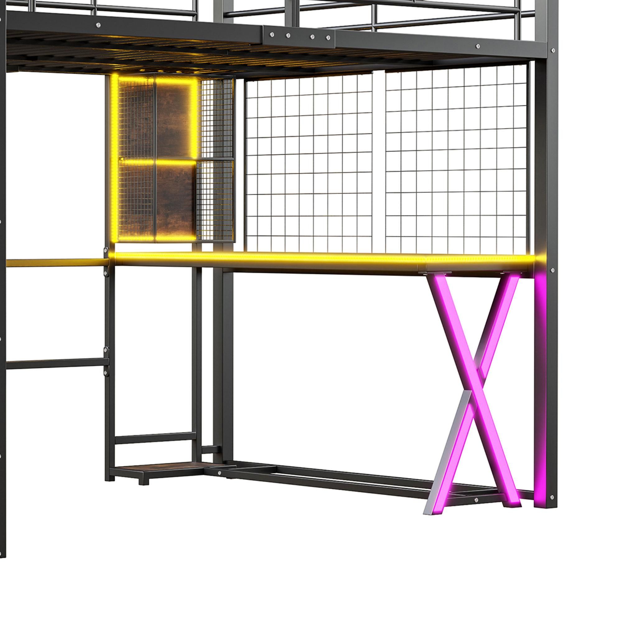 Merax Etagenbett Hochbett 140x200 cm, mit LED, Schreibtisch, Kleiderschrank, Ablageleiter, Regale, Metall Stockbett, Kinderbett, Schwarz