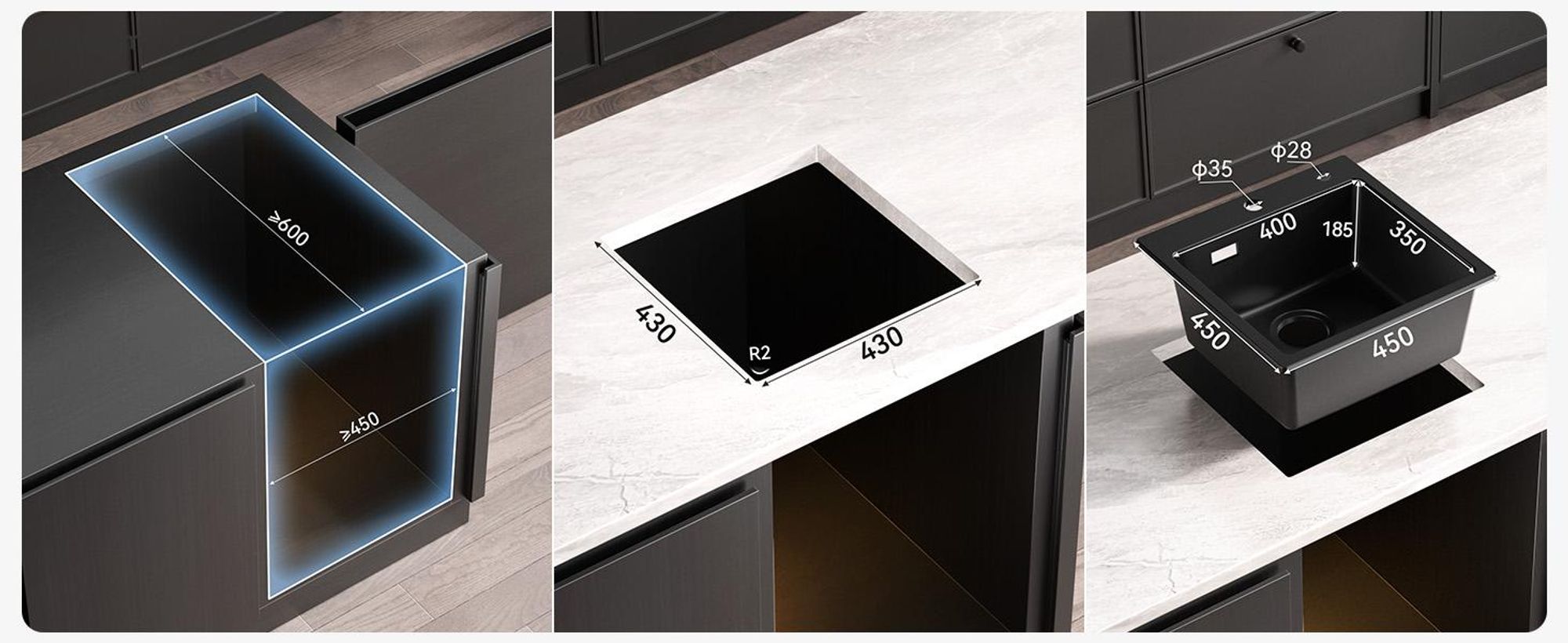 Cecipa MAX Granitspüle Spülbecken 45x45 cm Schwarz, Küchenspüle hitzebeständig, pflegeleichte Aufsatzspüle für kleine Küchen