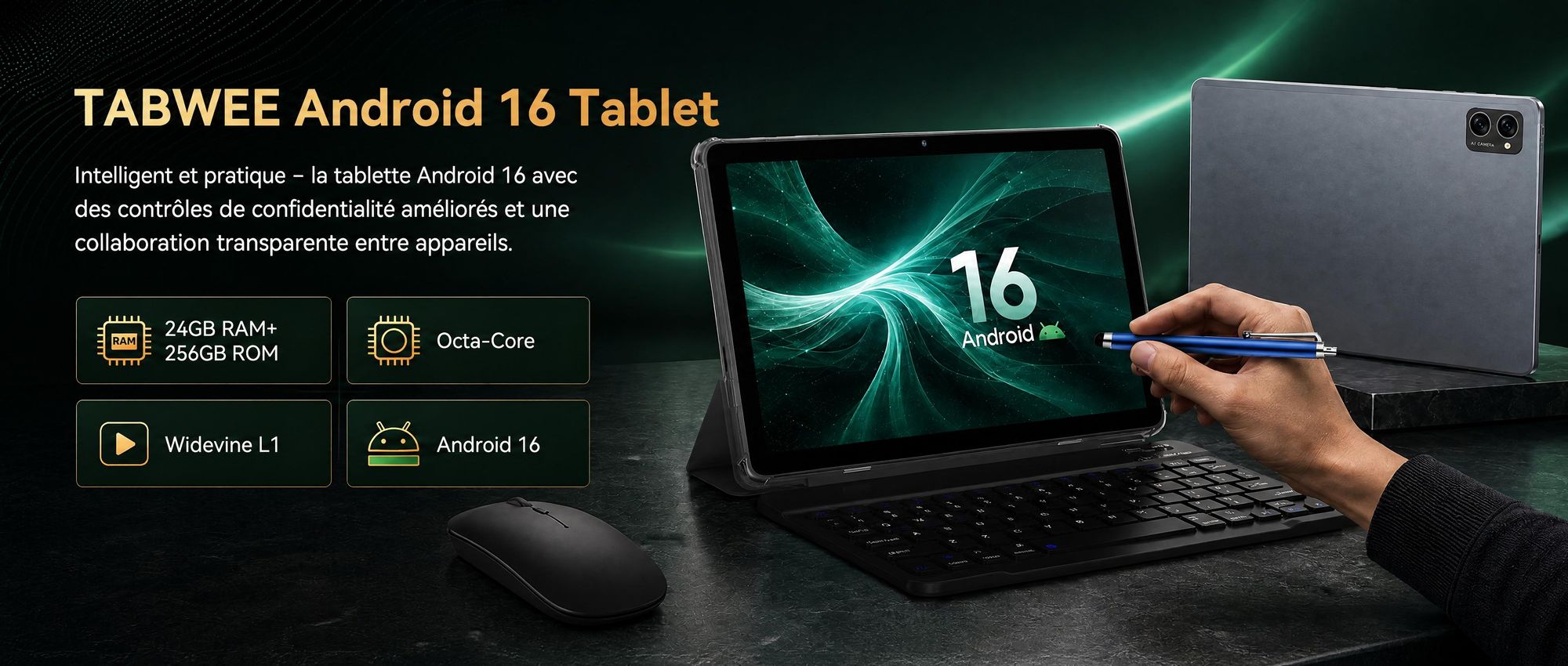 Tablette TABWEE T20 Android 16, 10,1 pouces, 24 Go (8 + 16) de RAM + 256 Go de ROM (2 To TF), avec accessoires, Widevine L1, 5G, Wi-Fi, Gemini AI
