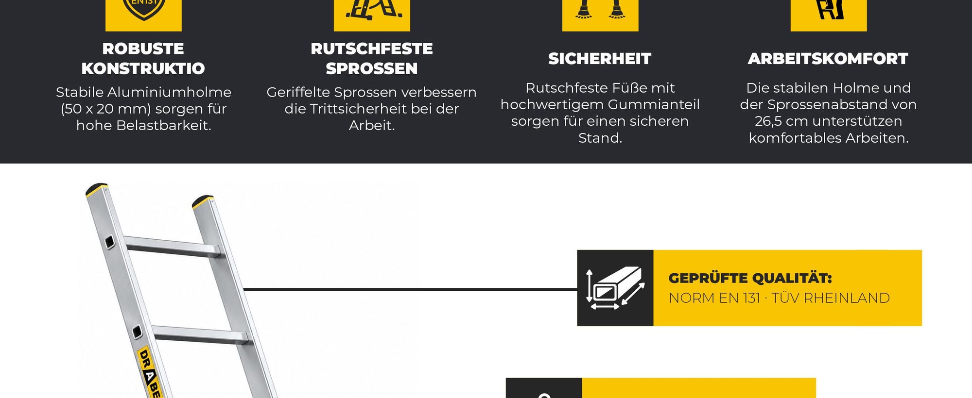Drabest | Leiter - 6 Stufen, Tragfähigkeit 150kg - Alu Leiter, Dachleiter, Anlegeleiter, Anti-Rutsch-Füße