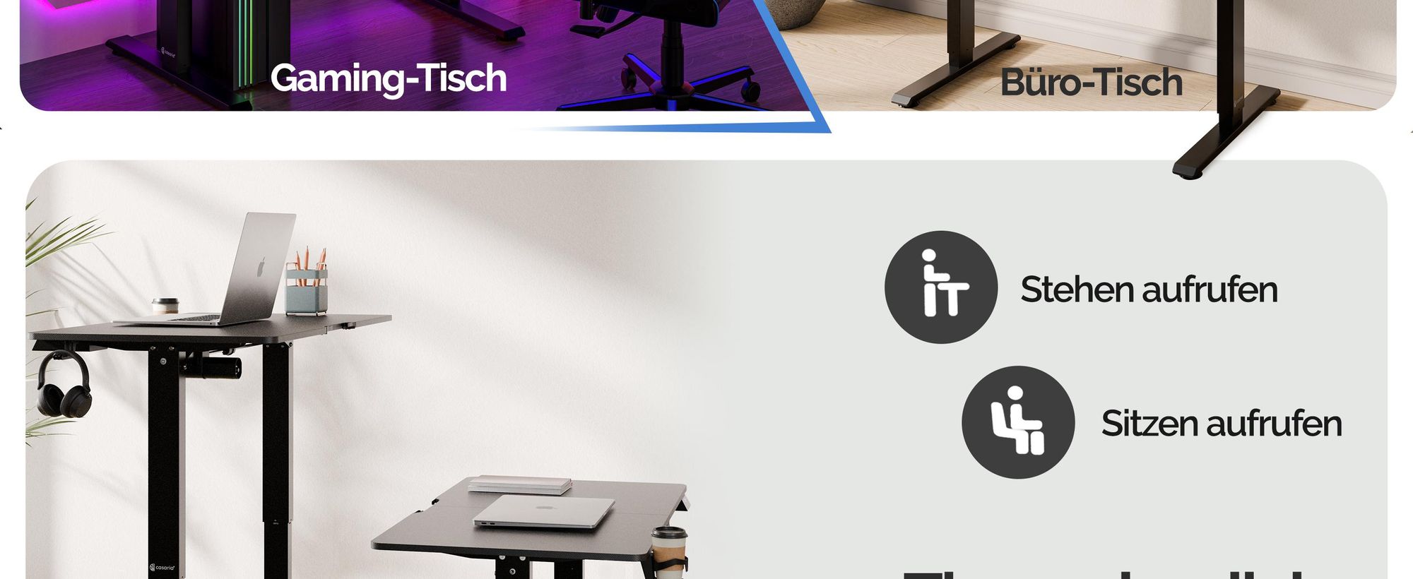 CASARIA® Höhenverstellbarer Schreibtisch Elektrisch, Schwarz – 110 cm x 60 cm – Memory Funktion – LCD Bedienelement mit Höhenanzeige – Getränke- & Kopfhörerhalter – Traglast 80kg, Stabile Konstruktion