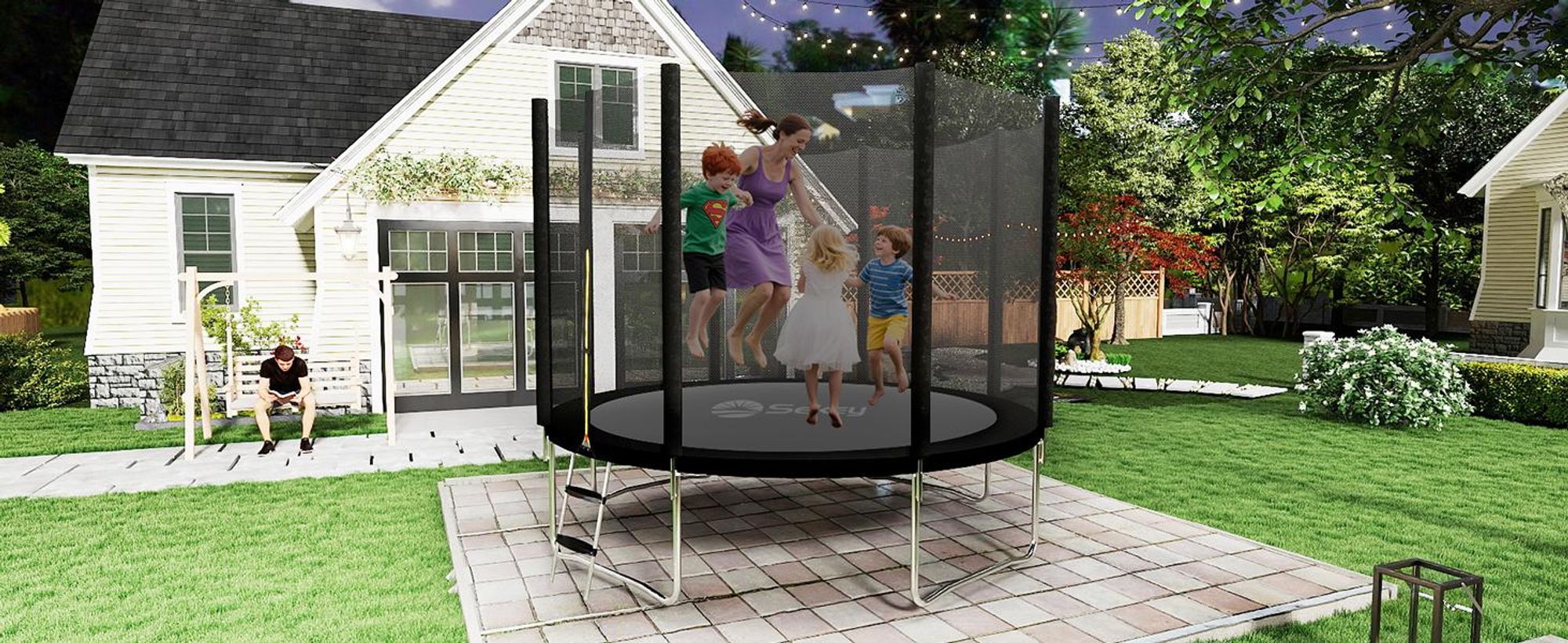 Sekey 366 cm Gartentrampolin mit Sicherheitsnetz und Leiter, Kindertrampolin für Jump Fitness Outdoor Trampolin, Schwarz