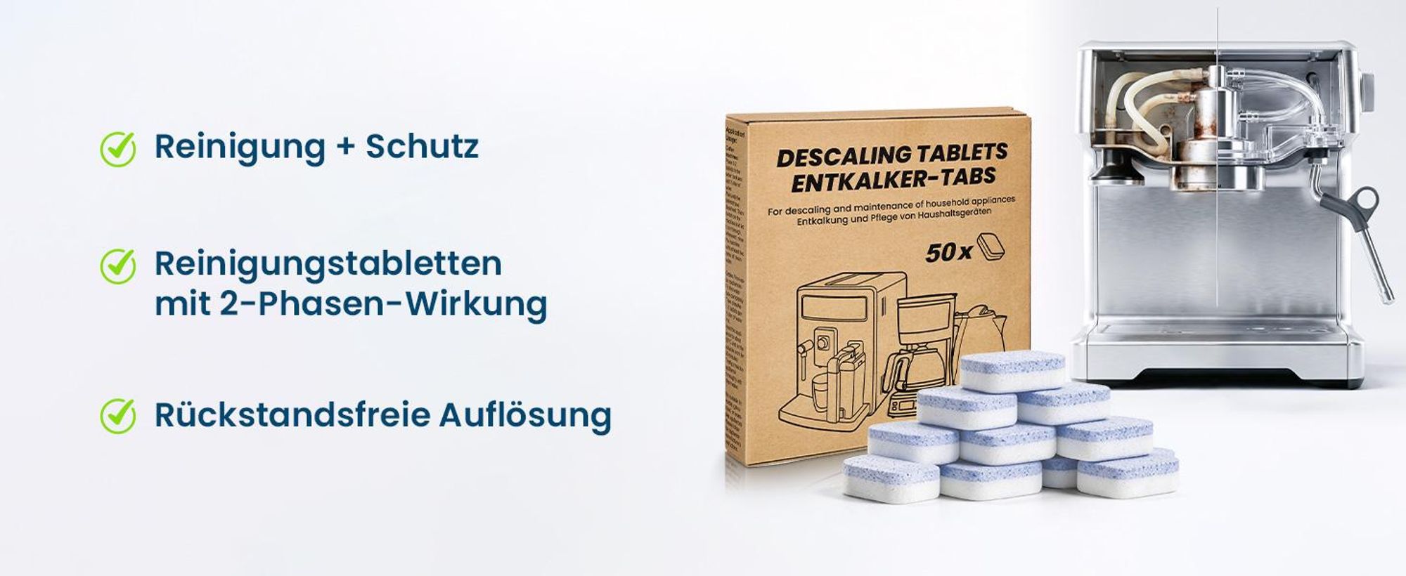 3-in-1 Entkalker für Kaffeevollautomaten & Kaffeemaschinen (50 Stück) - Entkalkungstabletten für Siemens EQ-Serie, Delonghi, Jura, Krups, Bosch, Miele