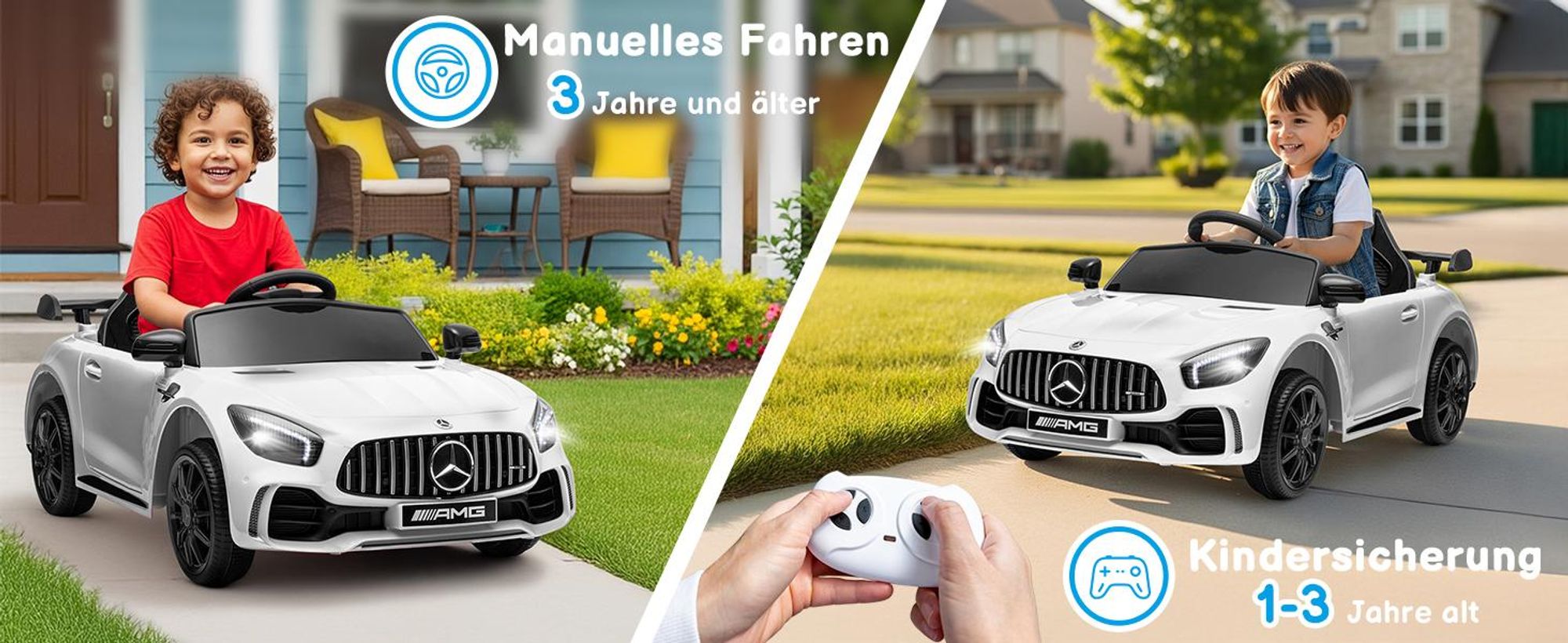 Elektroauto Kinderauto Mercedes-Benz AMG Gtr, mit 2,4G Fernbedienung, LED Scheinwerfer, MP3, Hupe und Musik, weiß