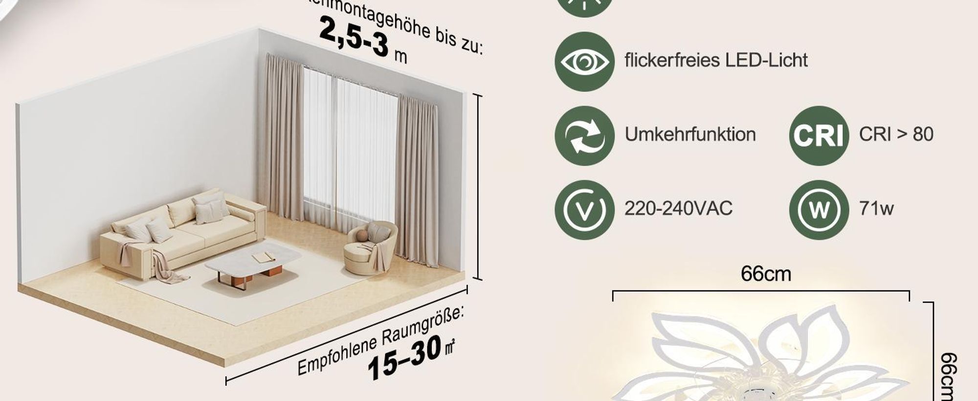 ZMH ventilateur de plafond avec éclairage télécommande silencieux plafonnier LED variateur de luminosité minuterie 6 lampes design pour salon