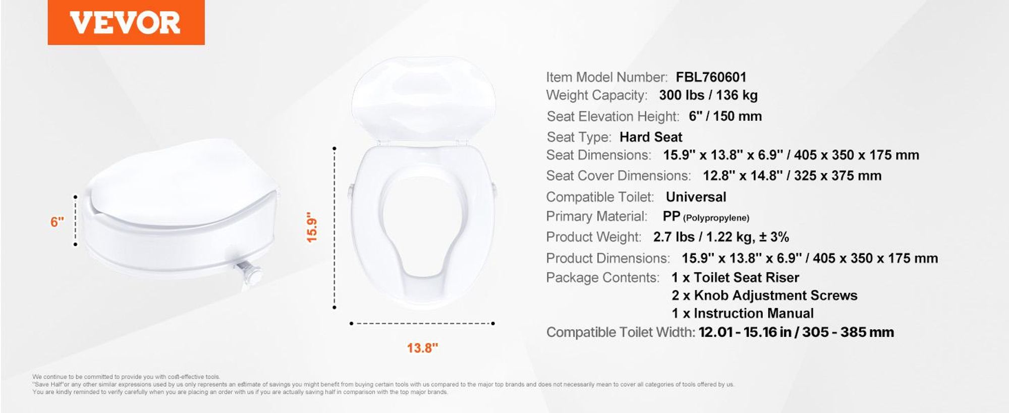 VEVOR Toilettensitzerhöhung Universal-Toilettenerhöhung, 15 cm, Tragkraft 136 kg, Schraubstangenverriegelung, mit Toilettensitz, für Senioren, Behinde