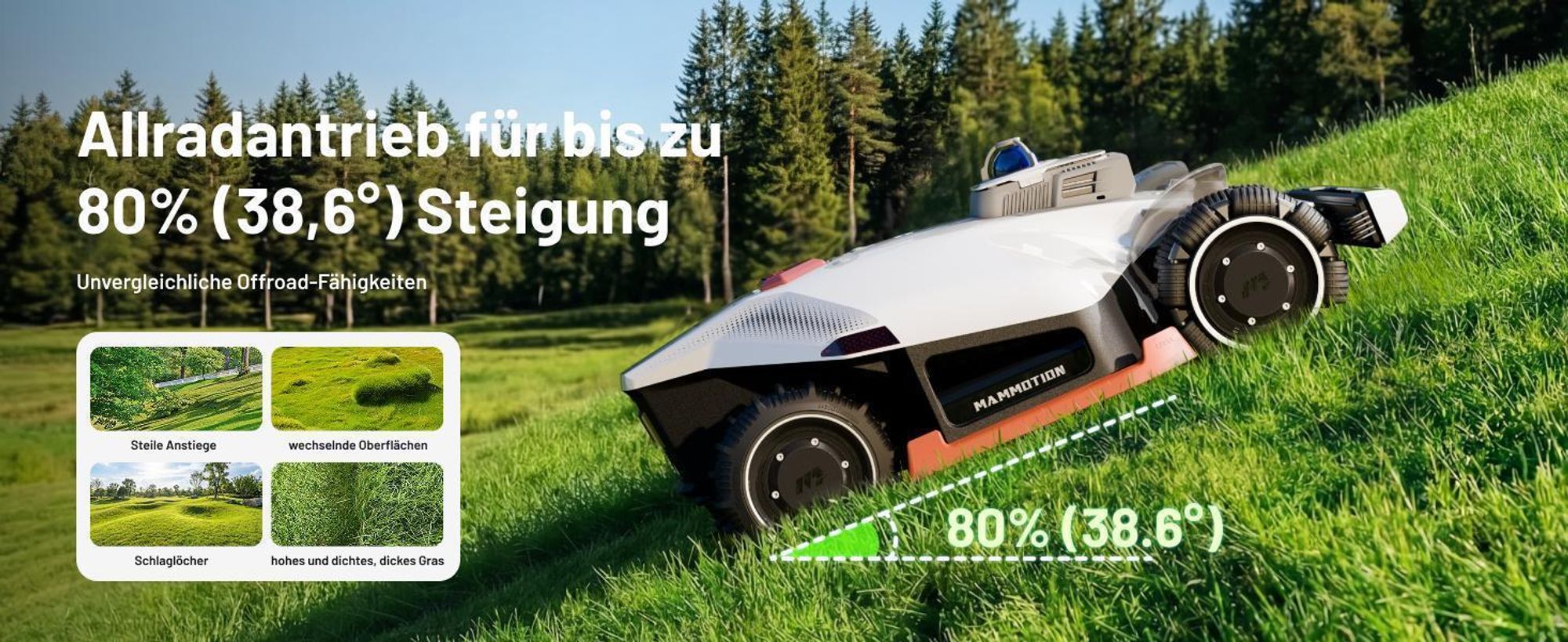 Mähroboter Mammotion LUBA 3 AWD 5000 mit Garage, bis 5000 m², Allradantrieb, 80% Steigung, Auto-Kartierung, 4G-Modul, APP