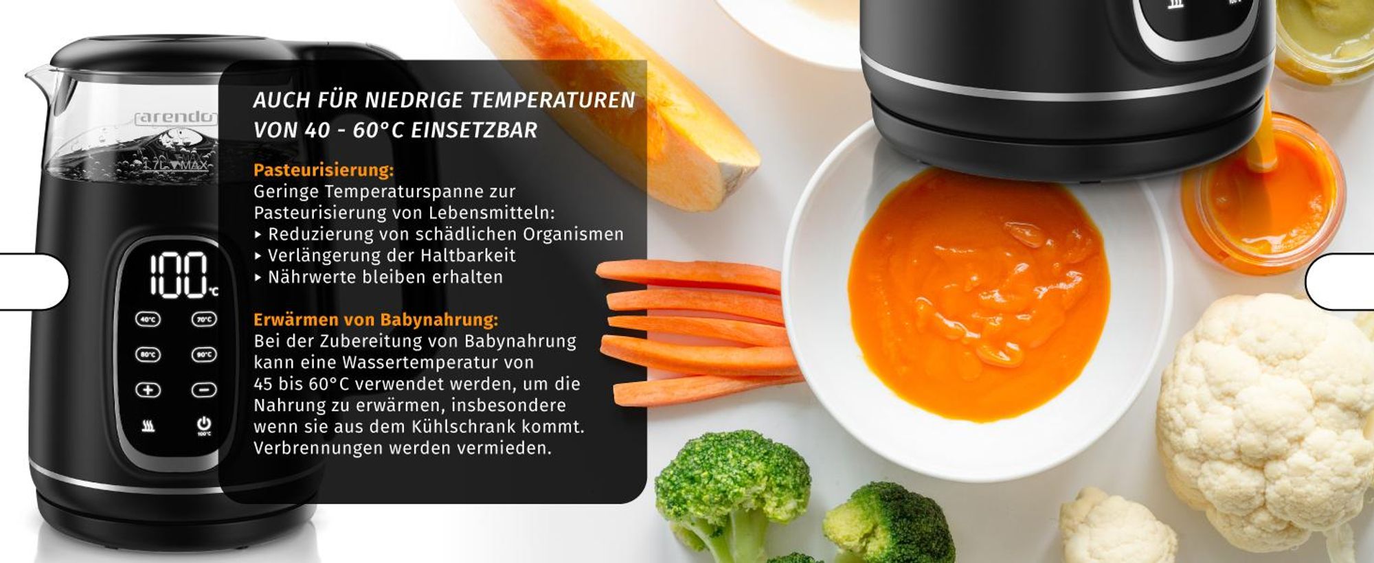 Arendo Wasserkocher QUICK TOUCH 1,7 l, Für niedrige Temperaturen 40 bis 60 °C