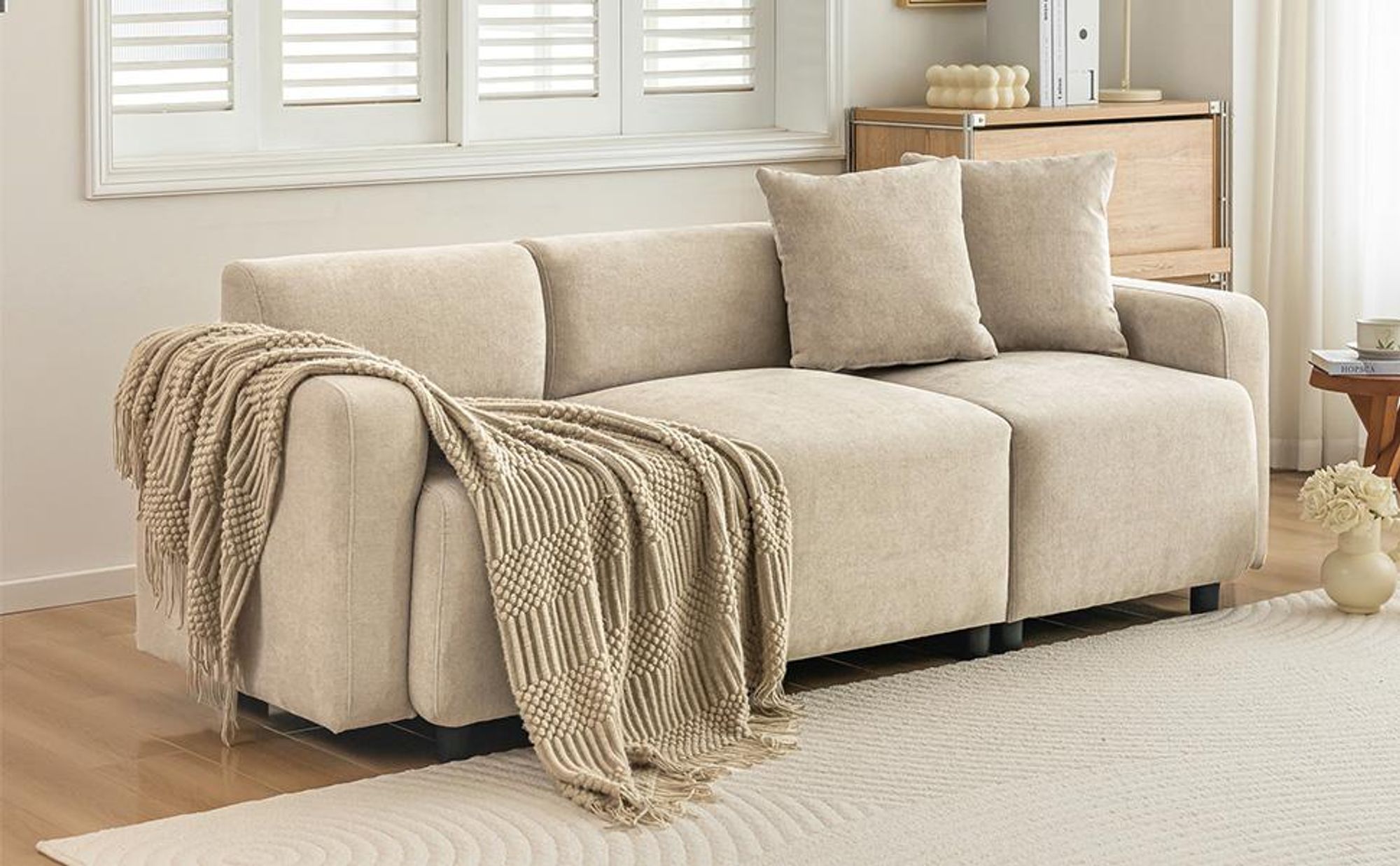 Merax Sofa Schlafsofa mit Schlaffunktion, 3-Sitzer Couch mit 2 Kissen, Wohnzimmersofa, Polstersofa, Chenille, Beige